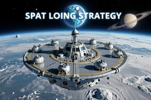 Starfall Colonies: A space colony building game showing a human settlement on an icy moon with Saturn visible