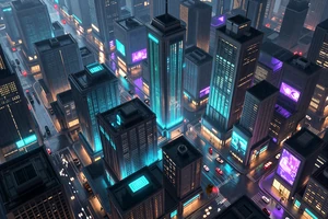Neon Drift: A cyberpunk city building game with aerial view of neon-lit rain-soaked streets