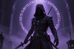 Fracture Protocol: A dark fantasy roguelike with a hooded assassin in a gothic city with glowing runes