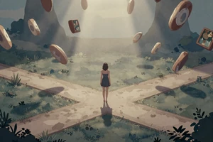Echo Meridian: A story-rich indie game showing a woman at a crossroads in a surreal dreamlike world with floating memories
