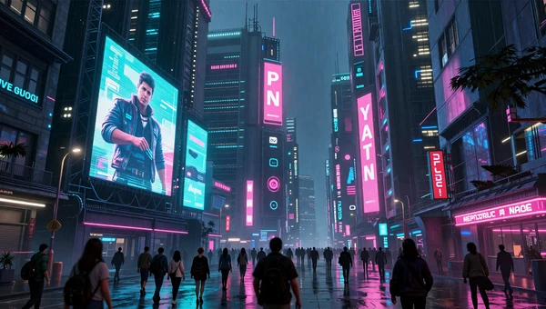 Cyber Cities Collection: Street-level view of a rainy neon cyberpunk city with holographic billboards and crowds