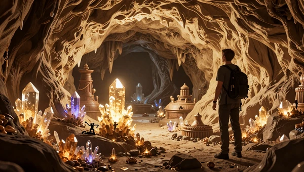 Hidden Gem Worlds collection: Explorer discovering a secret glowing crystal cave with ancient wonders and golden light