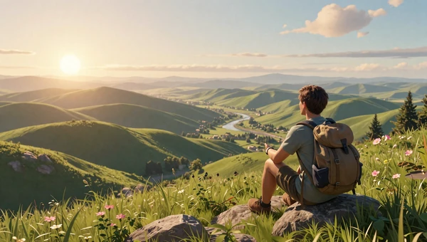 Relaxed Exploration Worlds collection: A traveler overlooking serene green valleys at sunrise in a cozy open world game