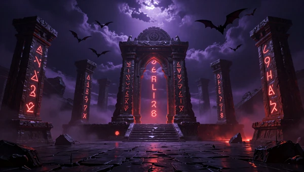 Dark Fantasy Realms collection: Ancient cursed ruins in a stormy night with glowing magical runes and deep purple atmosphere