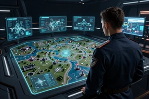 Steel Protocol: A turn-based strategy game cover with a commander and holographic battle map