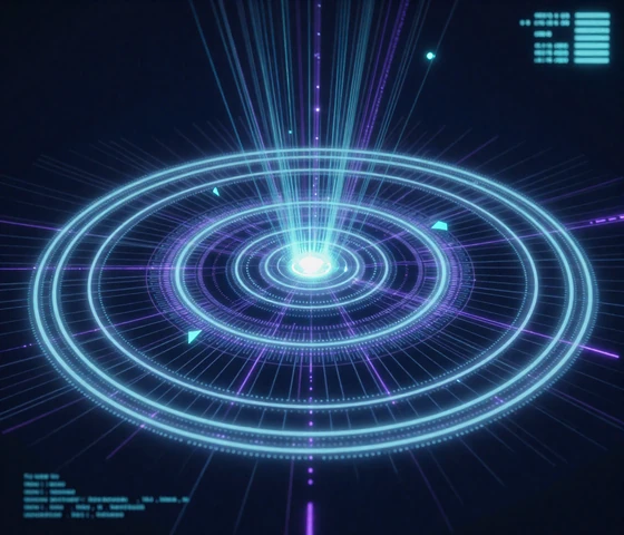 Abstract futuristic digital core with glowing orbital rings and data streams representing AstraCore's discovery system