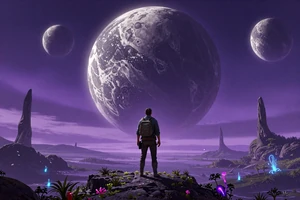 Void Horizon: A sci-fi RPG set on an alien planet with bioluminescent flora under a purple sky