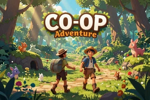 Verdant Pact: A co-op adventure game showing two adventurers exploring a magical forest with fantasy creatures