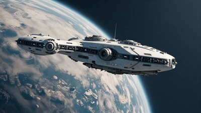 Starfall Colonies review thumbnail: Sci-fi colony ship approaching a new planet with dramatic blue lighting