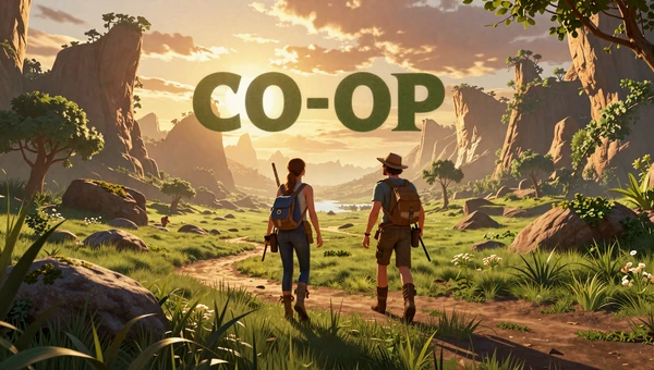 Weekend Co-op Worlds collection: Two adventurers traversing a stunning fantasy landscape at golden sunset